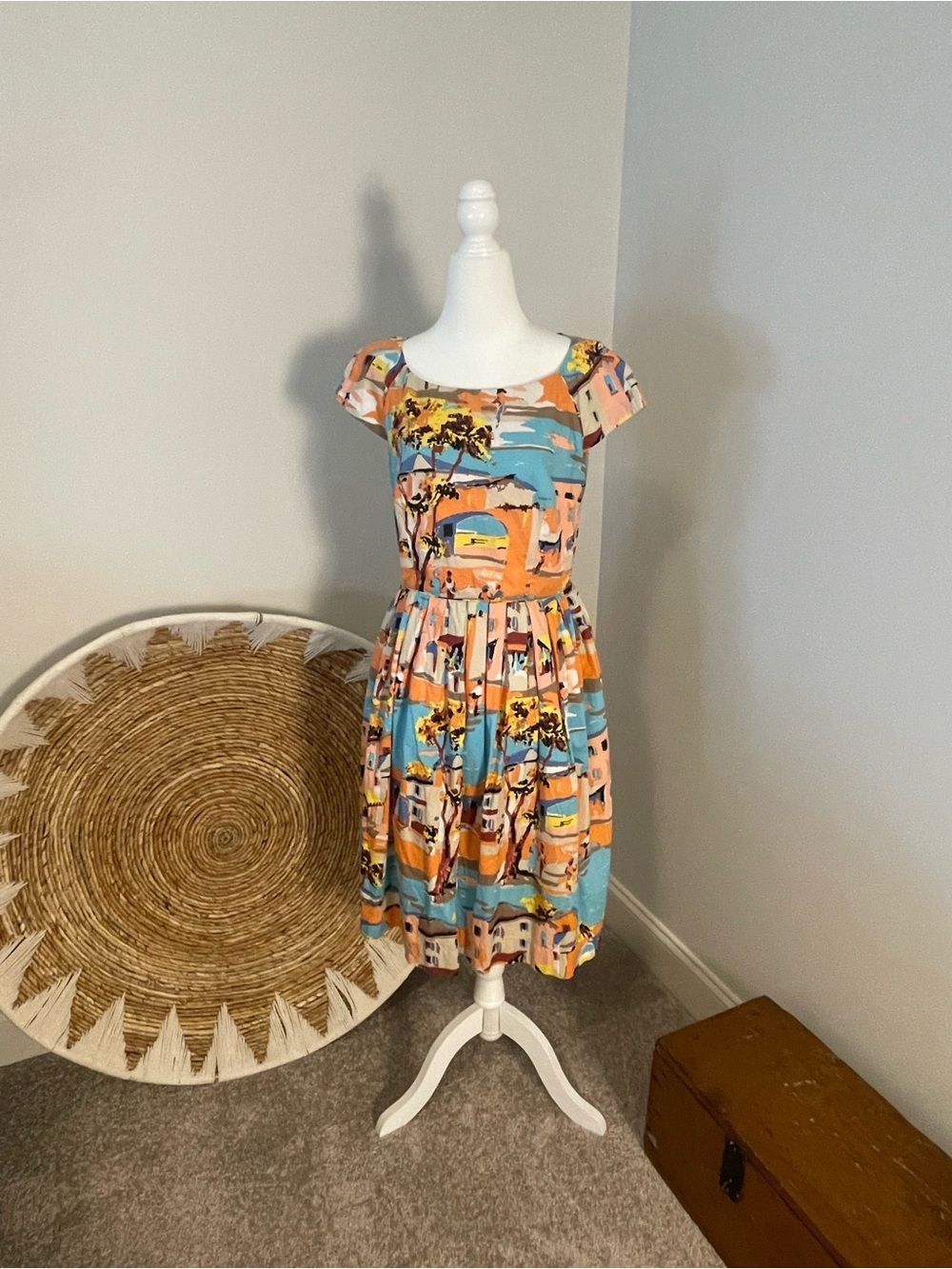 Scenic Print Midi Fit & Flare Dress in Blue and Peach